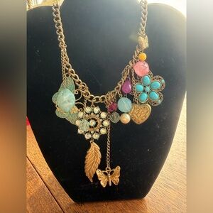 Blue flower rhinestone heart butterfly vintage jewel gold chunky necklace